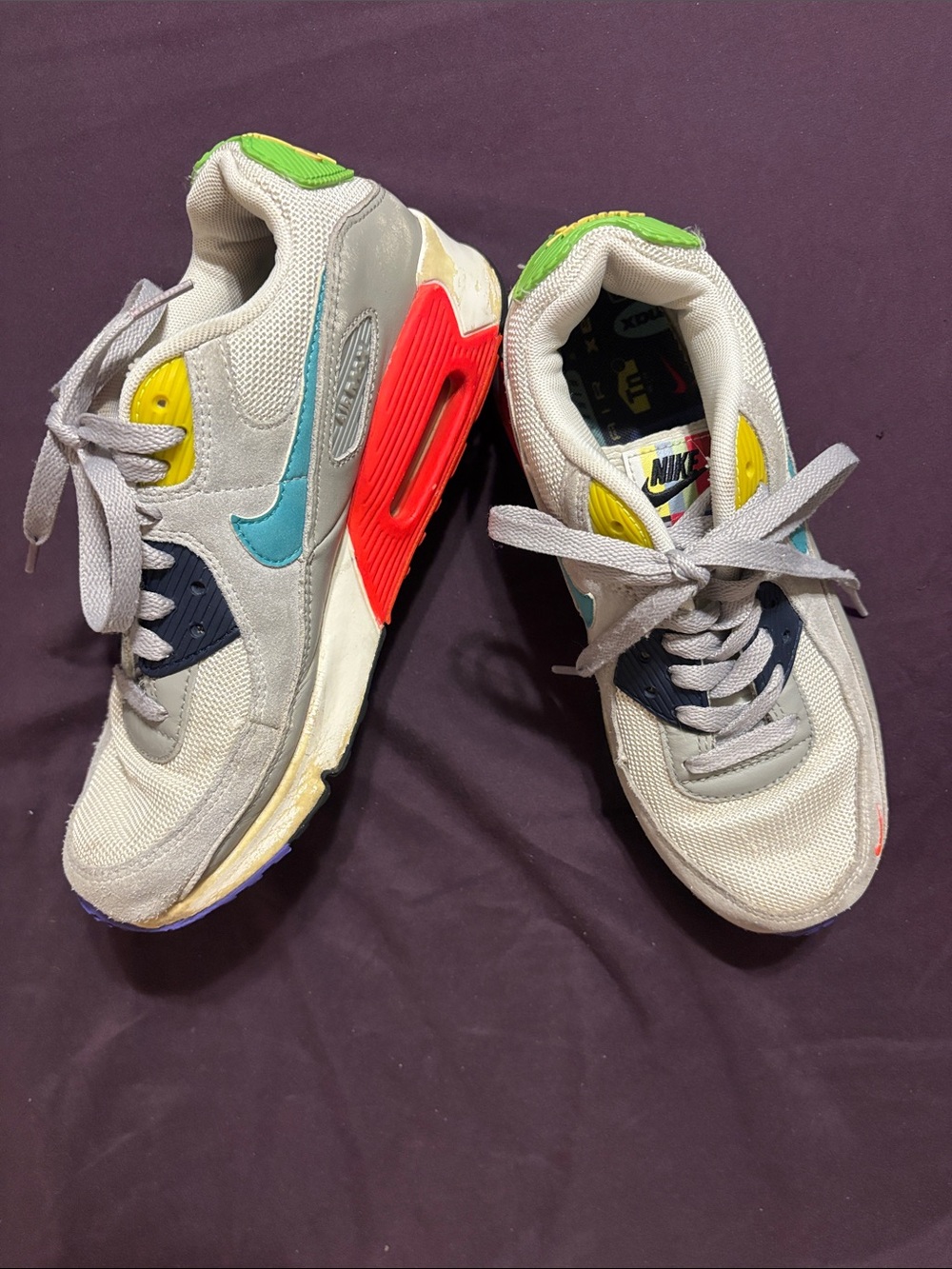 Nike Air Max 90s Kids Gray Sneakers with Teal, Neon Green & Red Accents size 5
